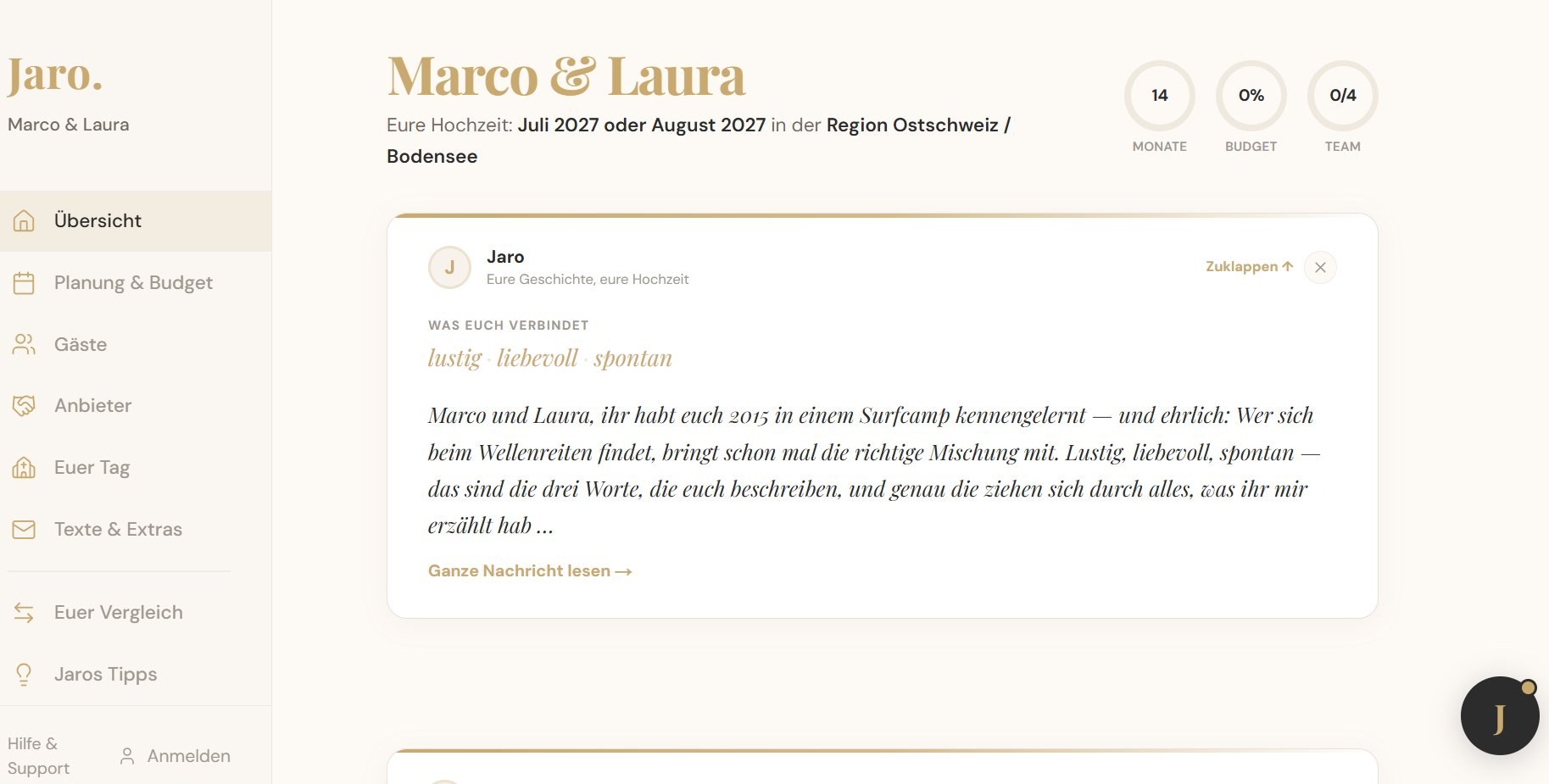 Jaro Dashboard — Beispiel Marco & Laura